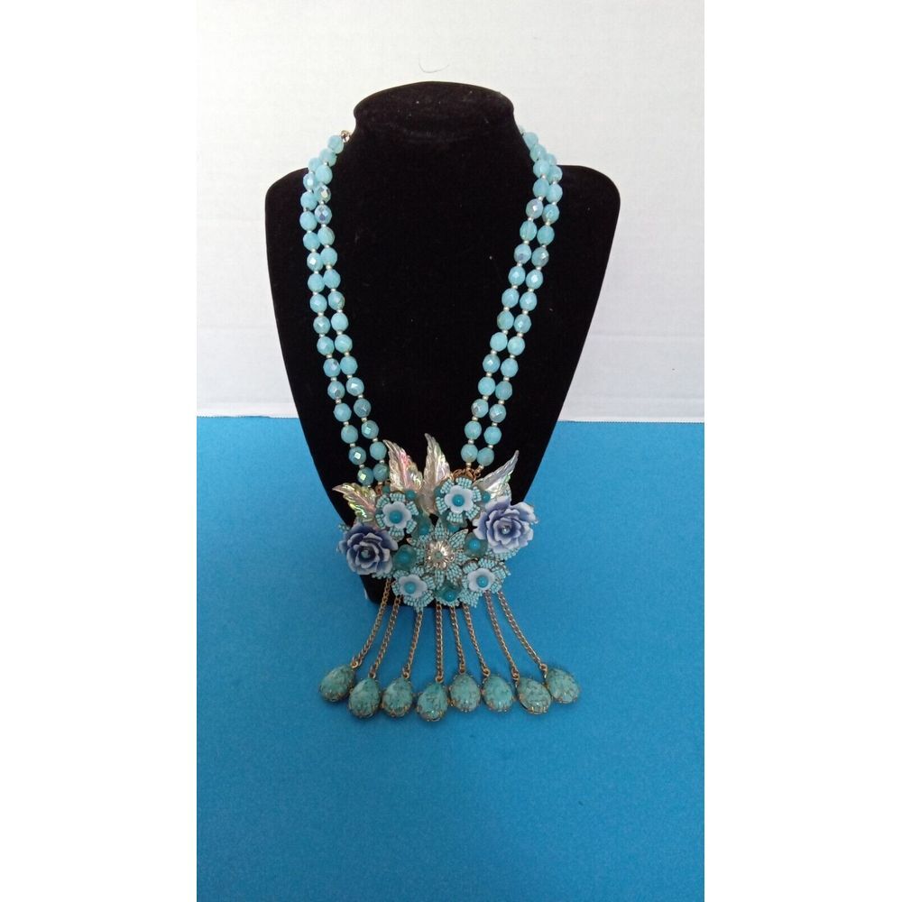 Stanley Hagler NYC Vintage Statement Necklace‎ Blue Floral Beaded Fringe Clasp